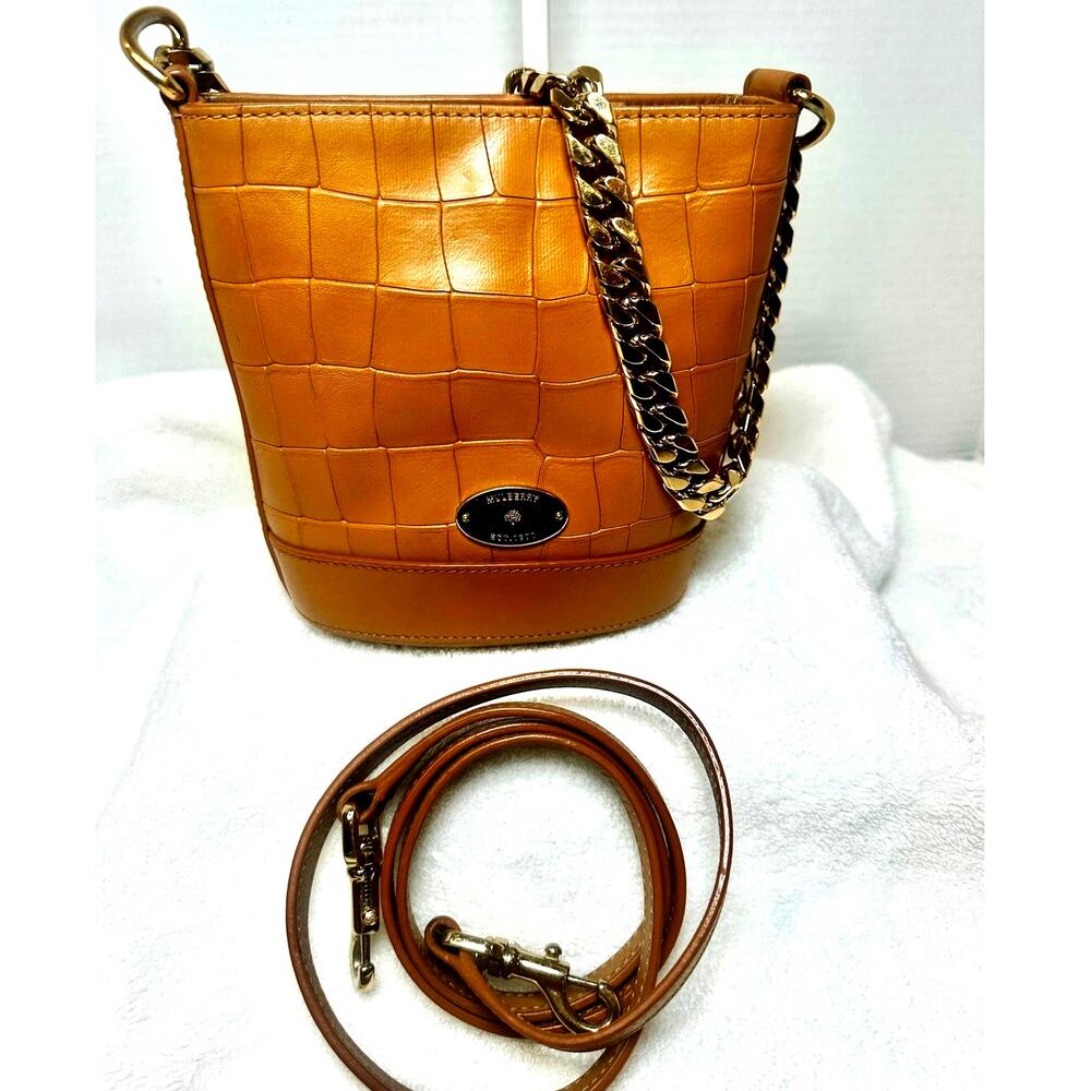 Mulberry Mini Jamie Bucket Bag Cognac Croc Leather Gold Chain Strap COA
